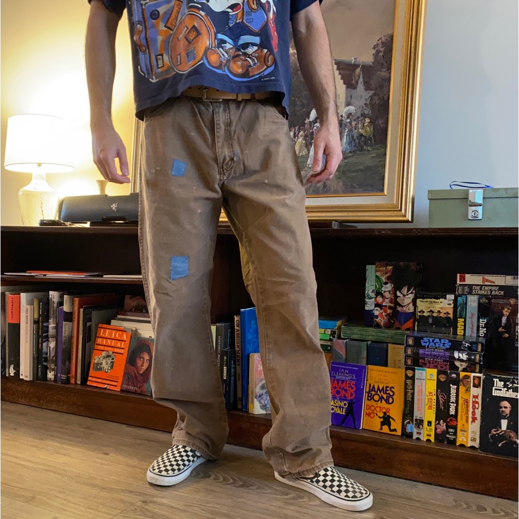 Dickies Brown Duck Canvas Work Pants With Custom Denim Repair Work By Hand